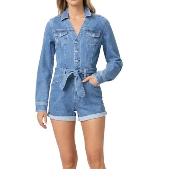PAIGE Pants - PAIGE Maggy Tie Waist Long Sleeve Denim Romper in Tracey